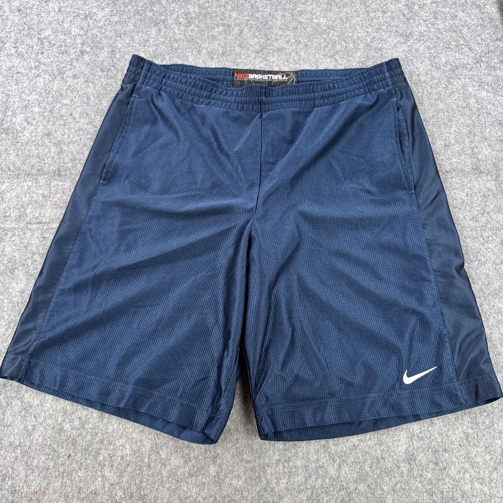 Nike Basketball Shorts Mens Large Navy Blue Swoosh Drawstring Shiny Dazzle Silky